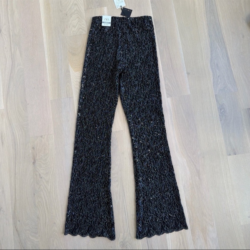 ZARA Black Sequin Lace Flare Pants M NWT Sheer Party Festival - Picture 4 of 8